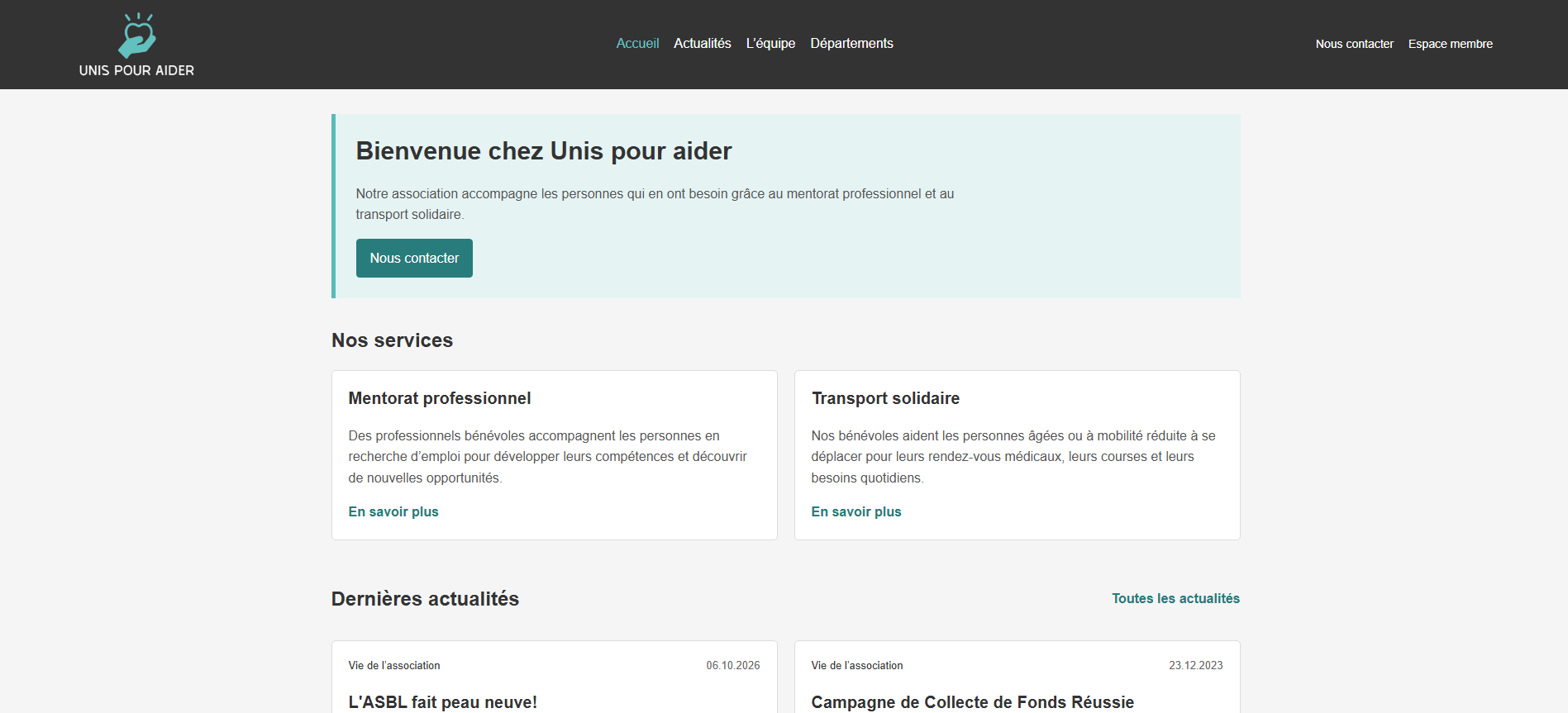 Capture du site Unis pour aider : accueil et services