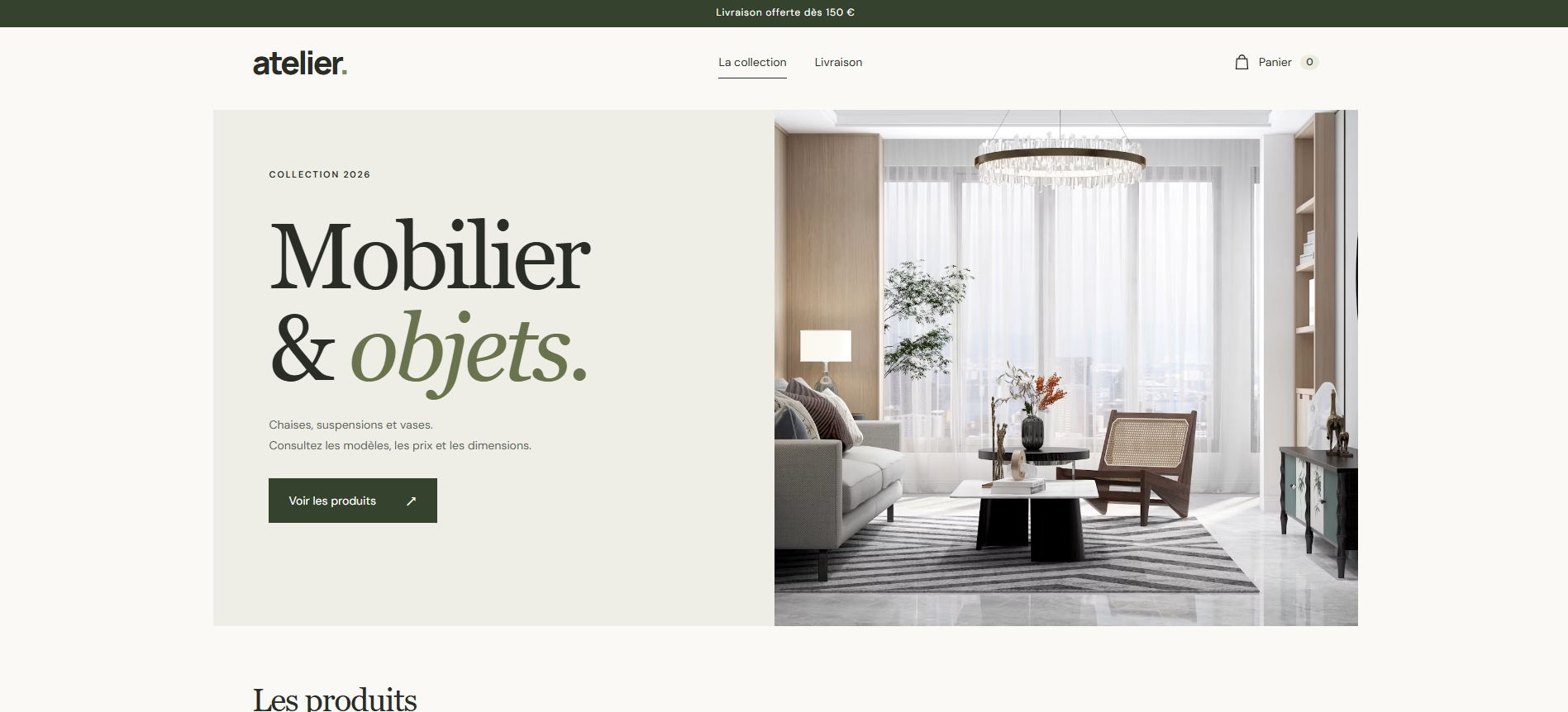 Capture du site WebShop : mobilier et objets